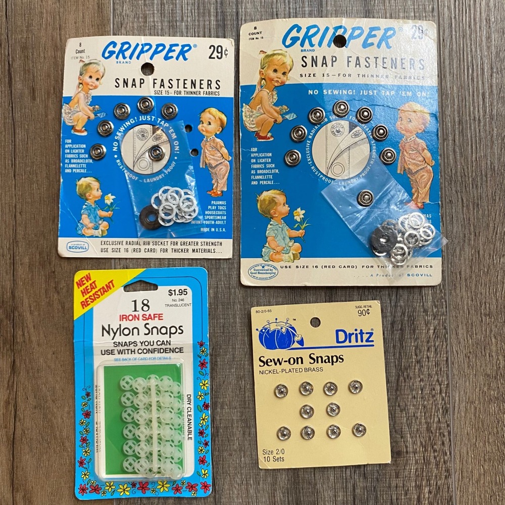 Vintage Snap Fastener Lot Scovill Gripper Dritz Nylon Sewing Notions 4 Cards